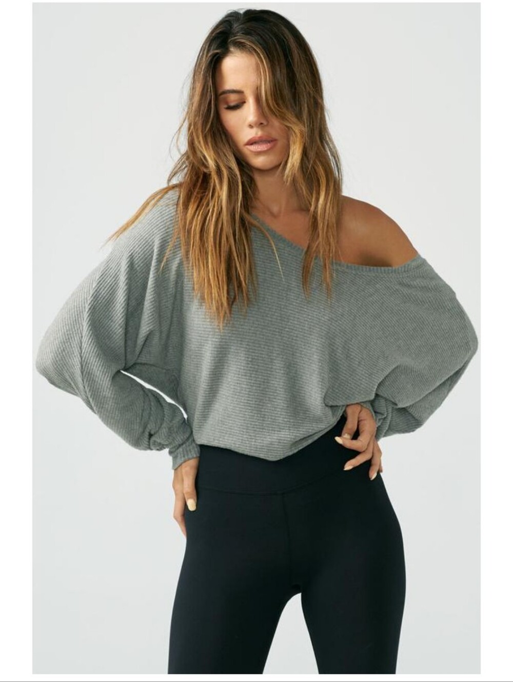 Joah Brown Slouchy Dolman Sleeve One Size Gray Ribbed Top